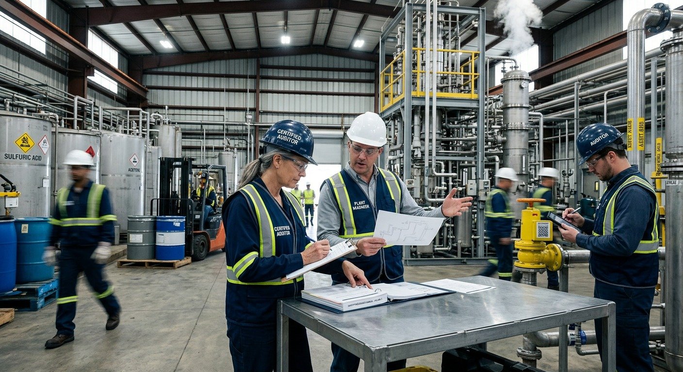 Equipe de auditores com capacete Audit Team e colete refletivo inspecionando processos produtivos na fábrica automotiva